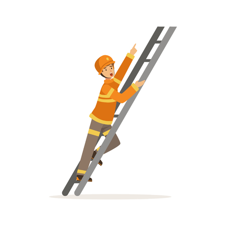 Fireman character in uniform and protective helmet climbing a ladder, firefighter at work vector illustrationのイラスト素材