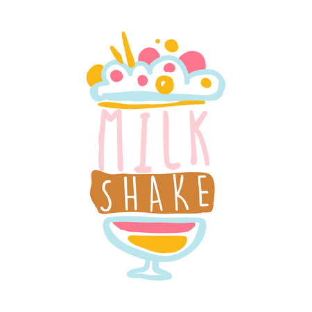 Milk shake logo template, badge for restaurant, bar, cafe, menu, sweet shop, colorful hand drawn vector illustrationのイラスト素材
