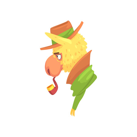 Funny llama character wearing hat smoking pipe, cute alpaca animal cartoon vector Illustrationのイラスト素材