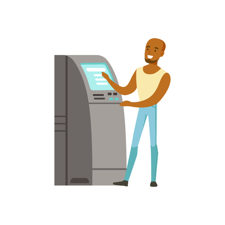 Young black man using cash atm machine vector Illustrationのイラスト素材