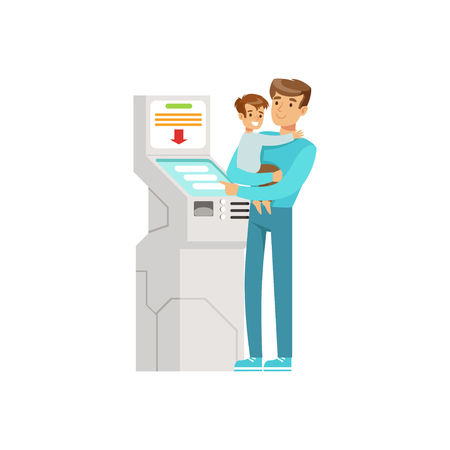 Young man with kid in his hands using electronic self service payment terminal, people carrying out operations with terminal vector Illustrationのイラスト素材