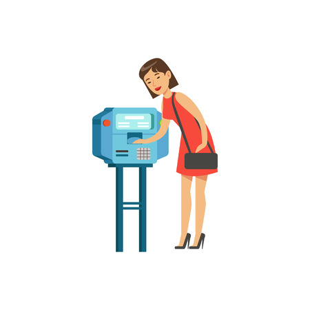Woman using automatic vending machine, people carrying out operations with terminal vector Illustrationのイラスト素材