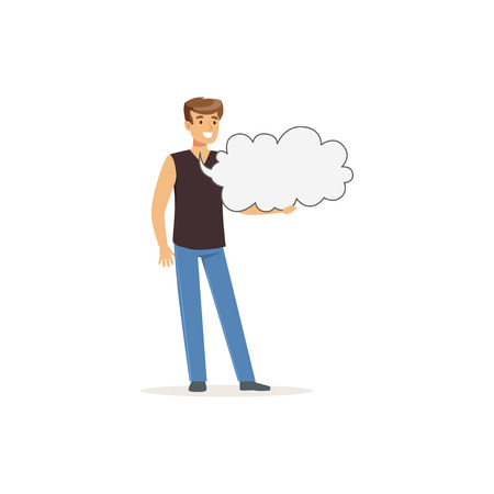 Smiling man character in casual clothes holding empty message board, speech cloud vector Illustrationのイラスト素材