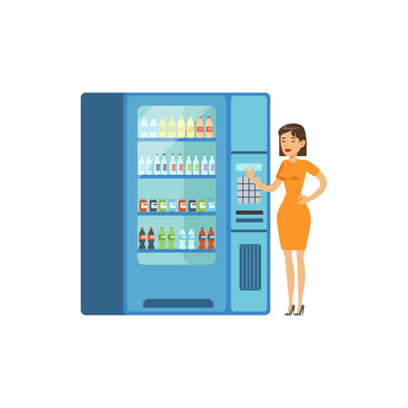 Young woman standing next to automatic vending machine with drinks vector Illustrationのイラスト素材