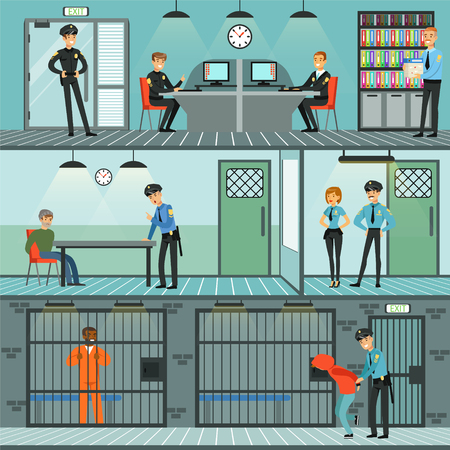Police department set, policemen at work, investigating crimes, identifying and arresting criminals, office interior horizontal vector Illustrationsのイラスト素材