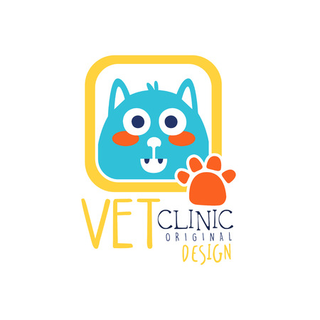 Vet clinic logo template original design, badge with funny cat, hand colorful drawn vector Illustrationのイラスト素材