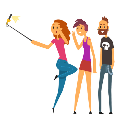 Group of happy young people taking selfie photo cartoon vector Illustrationのイラスト素材