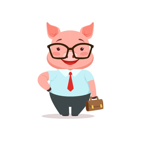 Cute smiling pig businessman, funny cartoon animal dressed in human clothes vector Illustrationのイラスト素材