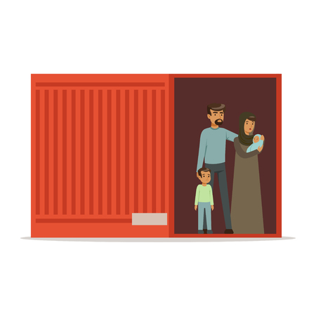 Stateless refugee family standing in cargo container, illegal migration, war victims concept vector Illustrationのイラスト素材