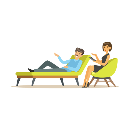 Male patient character talking to female psychologist about problems, psychotherapy counseling, psychologist having session with patient vector Illustrationのイラスト素材