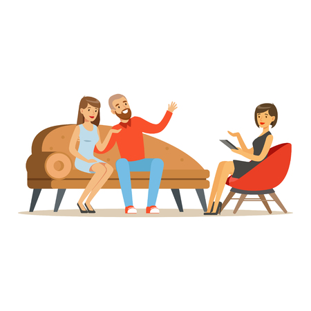 Young family couple characters talking to female psychologist about their problems, psychotherapy counseling, psychologist having session with patient vector Illustrationのイラスト素材