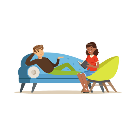 Male patient character lying on the sofa and talking to female psychologist about problems, psychotherapy counseling, psychologist having session with patient vector Illustrationのイラスト素材