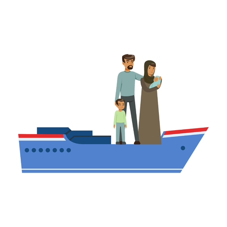 Stateless refugee family on a boat, illegal migration, war victims concept vector Illustrationのイラスト素材