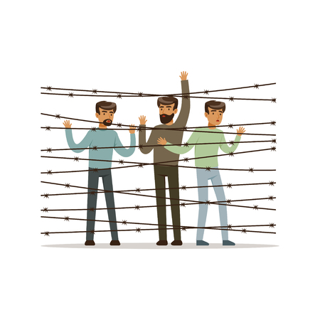 Stateless refugees facing the barbed wire fence, refugee camp, war victims concept vector Illustrationのイラスト素材