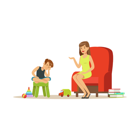 Boy talking to child psychologist about problems, psychotherapy counseling, psychologist having session with patient vector Illustrationのイラスト素材
