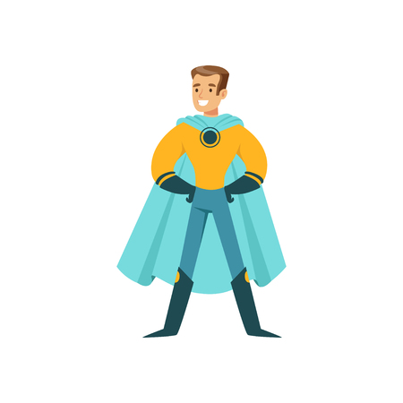 Male superhero in classic comics costume with cape and glowes. Smiling flat cartoon character with super powers. Friendly cheerful man standing proud and posing. Vector illustration isolated on whiteのイラスト素材