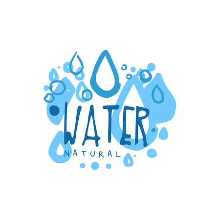 Hand drawn signs of pure water for  badge with text. Abstract blue drops. Kids drawing style, ecology theme original design. Vector natural aqua label for mineral water isolated on white.のイラスト素材