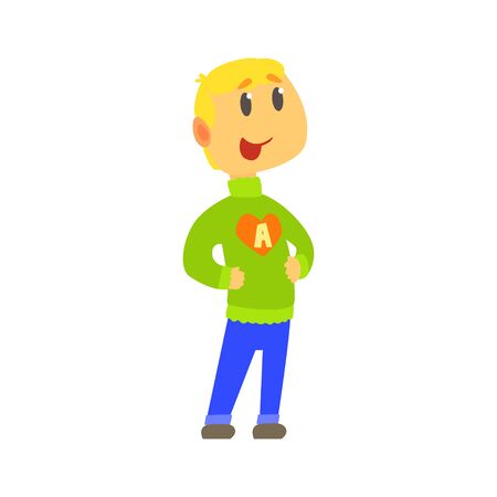 Blonde little kid in knitted sweater with letter A on chest and blue jeans with arms akimbo. Child in warm winter clothes. Cartoon boy character. Vector illustration in flat style isolated on white.のイラスト素材