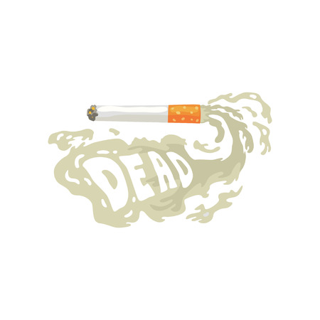 Burning cigarette with smoke and Dead inscription, bad habit, nicotine addiction cartoon vector Illustrationのイラスト素材