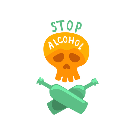 Stop alcohol, bad habit, alcoholism concept with a skull and crossed bottles cartoon vector Illustrationのイラスト素材