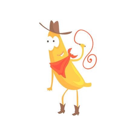 Banana cowboy in American traditional hat with lasso, cartoon funny fruit character vector Illustrationのイラスト素材