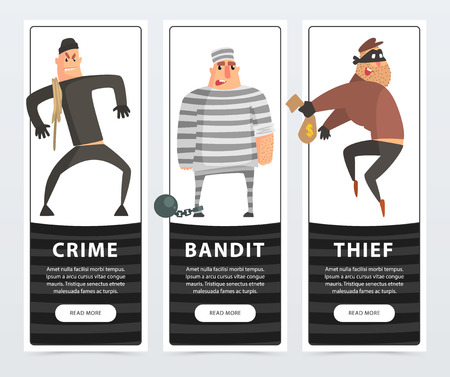 Crime, bandit, thief, criminal and convict banners cartoon vector elements for website or mobile appのイラスト素材