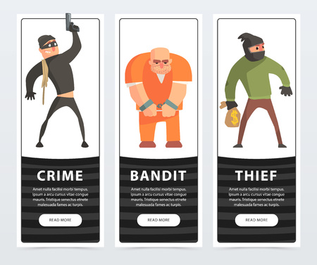 Crime, bandit, thief, criminal and convict banners cartoon vector elements for website or mobile appのイラスト素材