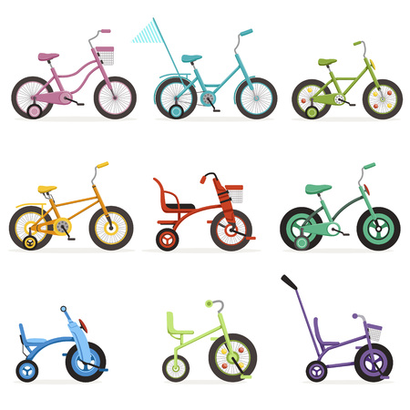 Various type of kids bikes set, colorful bicycles with different frame types vector Illustrationsのイラスト素材