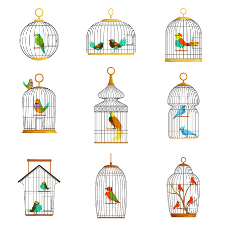Bird cages with different birds set of vector Illustrationsのイラスト素材