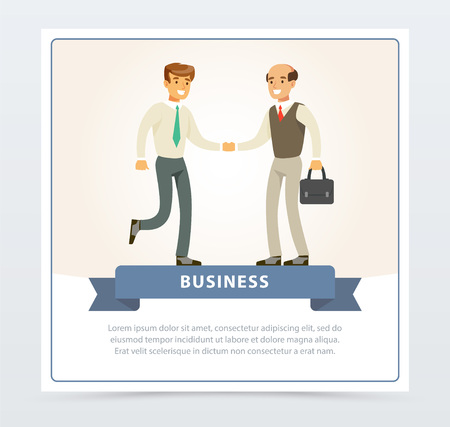 Business people shaking hands during a meeting, business banner for advertising brochure, promotional leaflet poster, presentation flat vector element for website or mobile appのイラスト素材