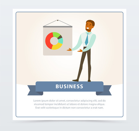 Businessman making presentation and explaining chart on a whiteboard, business banner for advertising brochure, promotional leaflet poster, presentation flat vector element for website or mobile appのイラスト素材