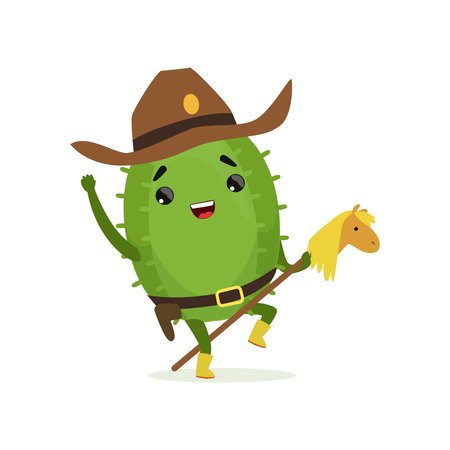 Cute cactus cowboy, funny plant character riding on toy horse, cartoon vector Illustrationのイラスト素材