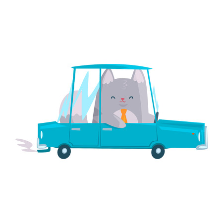 Cute businessman cat driving Ð° car, funny animal character cartoon vector Illustrationのイラスト素材