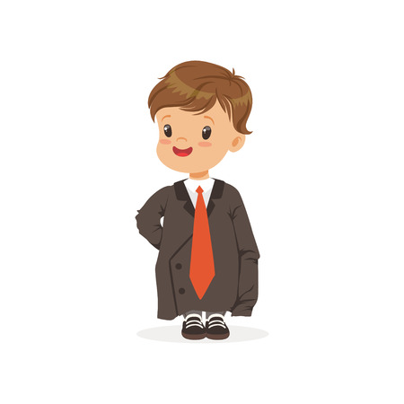 Cute boy wearing dult oversized suit, kid pretending to be adult vector Illustrationのイラスト素材