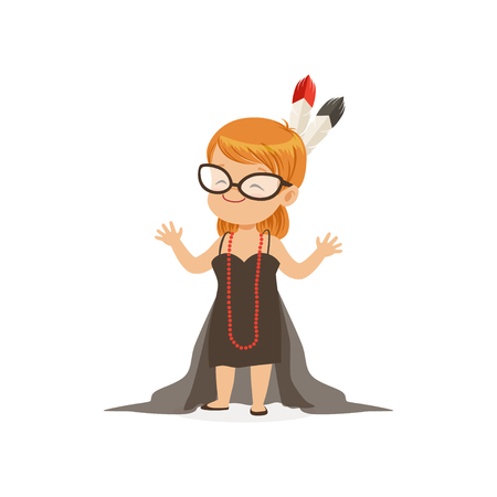 Adorable girl wearing dult oversized elegant black dress and headdress with feathers, kid pretending to be adult vector Illustrationのイラスト素材