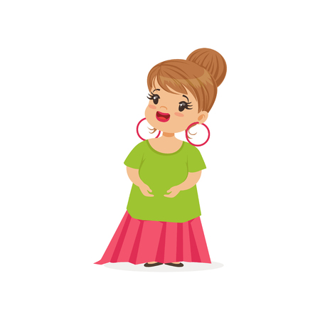 Beautiful blonde girl wearing dult oversized clothes and earings, kid pretending to be adult vector Illustrationのイラスト素材