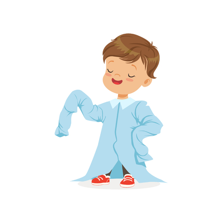 Cute boy wearing dult oversized light blue shirt, kid pretending to be adult vector Illustrationのイラスト素材