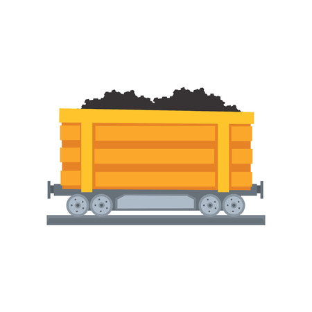 Cartoon yellow large mine trolley loaded with coal on railway. Transport for carrying raw materials. Coal shipping container. Mining and quarrying industry. Vector in flat style isolated on white.のイラスト素材