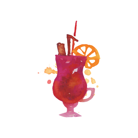 Colorful cocktail alcohol mixed drink or lemonade with straw and lemon hand drawn watercolor vector Illustrationのイラスト素材