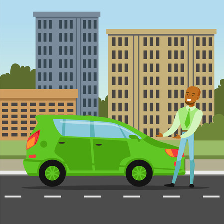 Man showing electric car safe for the environment vector illustration.のイラスト素材