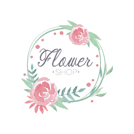 Flower shop colorful, label in vintage style for floral boutique, wedding service, florist vector Illustrationのイラスト素材