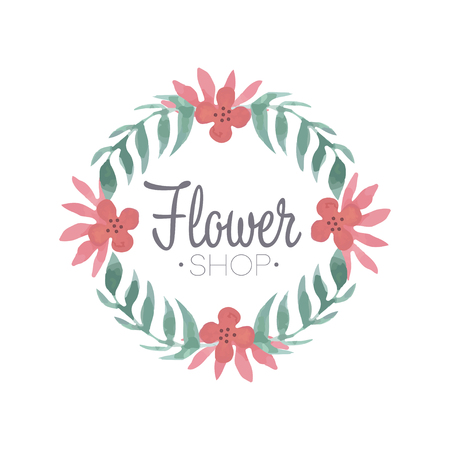 Flower shop green and pink colorful template, label or badge in vintage style for floral boutique, wedding service, florist vector Illustrationのイラスト素材