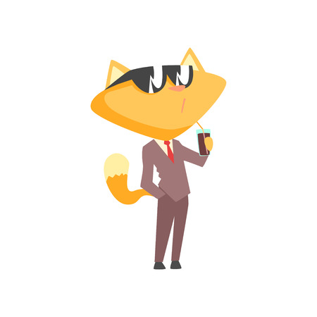 Funny businessman fox in a suit and sunglasses standing and drinking through a straw, cute animal boss character cartoon vector Illustration on a white backgroundのイラスト素材