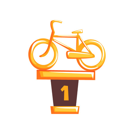 Cartoon golden trophy with bicycle on brown base in flat design. Winner award of cycling raceのイラスト素材