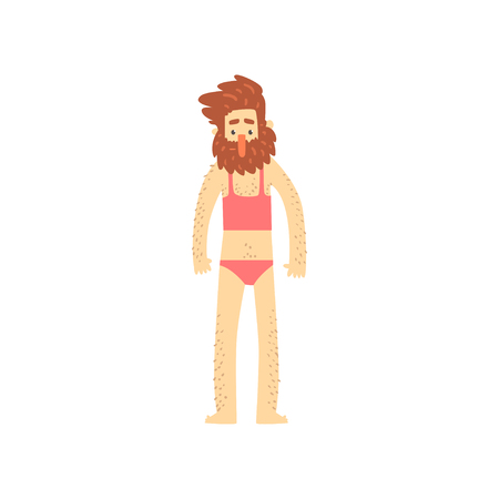 Freak bearded man character in womans bathing suit, creative party in crazy style, freaky masquerade or carnival costume cartoon vector Illustrationのイラスト素材