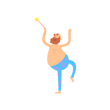 Freak fairy man character with a naked torso and a magic wand, freaky masquerade or carnival costume, cartoon vector Illustrationのイラスト素材