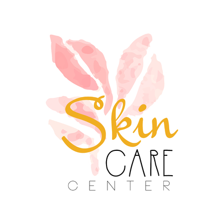 Skin care center delicate logo design. Label with golden and pink gentle colors. Beauty salon emblem concept.のイラスト素材