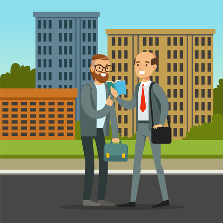 Two male friends or colleagues meeting on city street, friendship concept vector Illustrationのイラスト素材