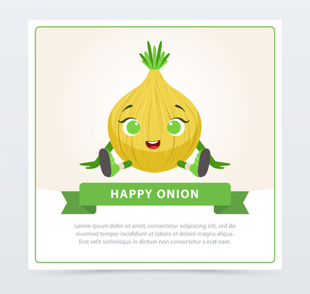 Cute humanized bulb vegetable character, happy onion banner flat vector element for website or mobile appのイラスト素材