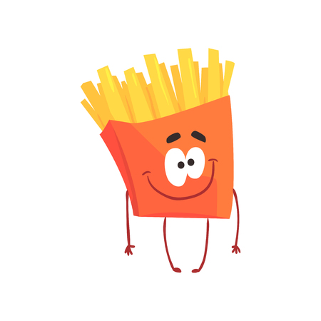 Funny french fries cartoon fast food character, element for menu of cafe, restaurant, kids food, vector Illustrationのイラスト素材